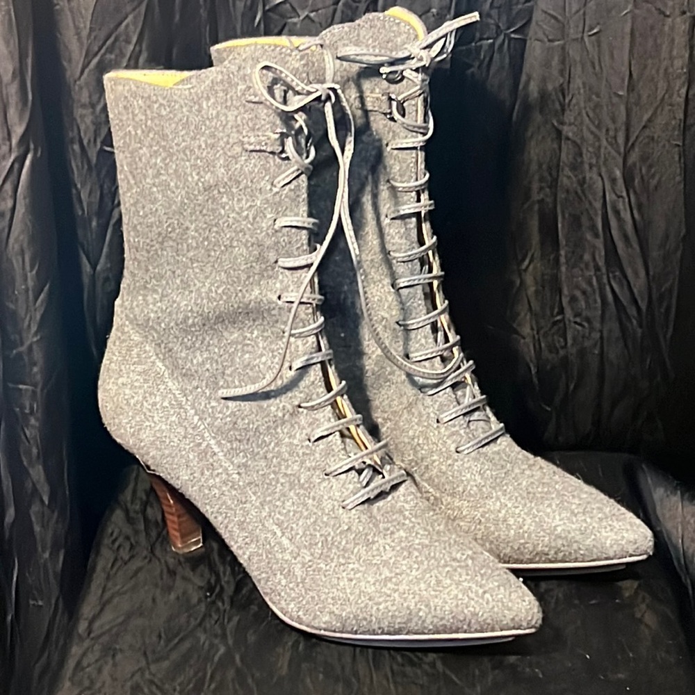Anthropologie Farylrobin grey wool lace-up Victorian/steampunk/granny boots